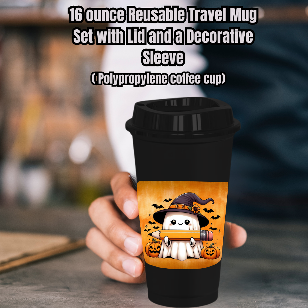 Spooky Scholar Ghost Mug Collection – 16oz Reusable Travel Mugs with Decorative Sleeves