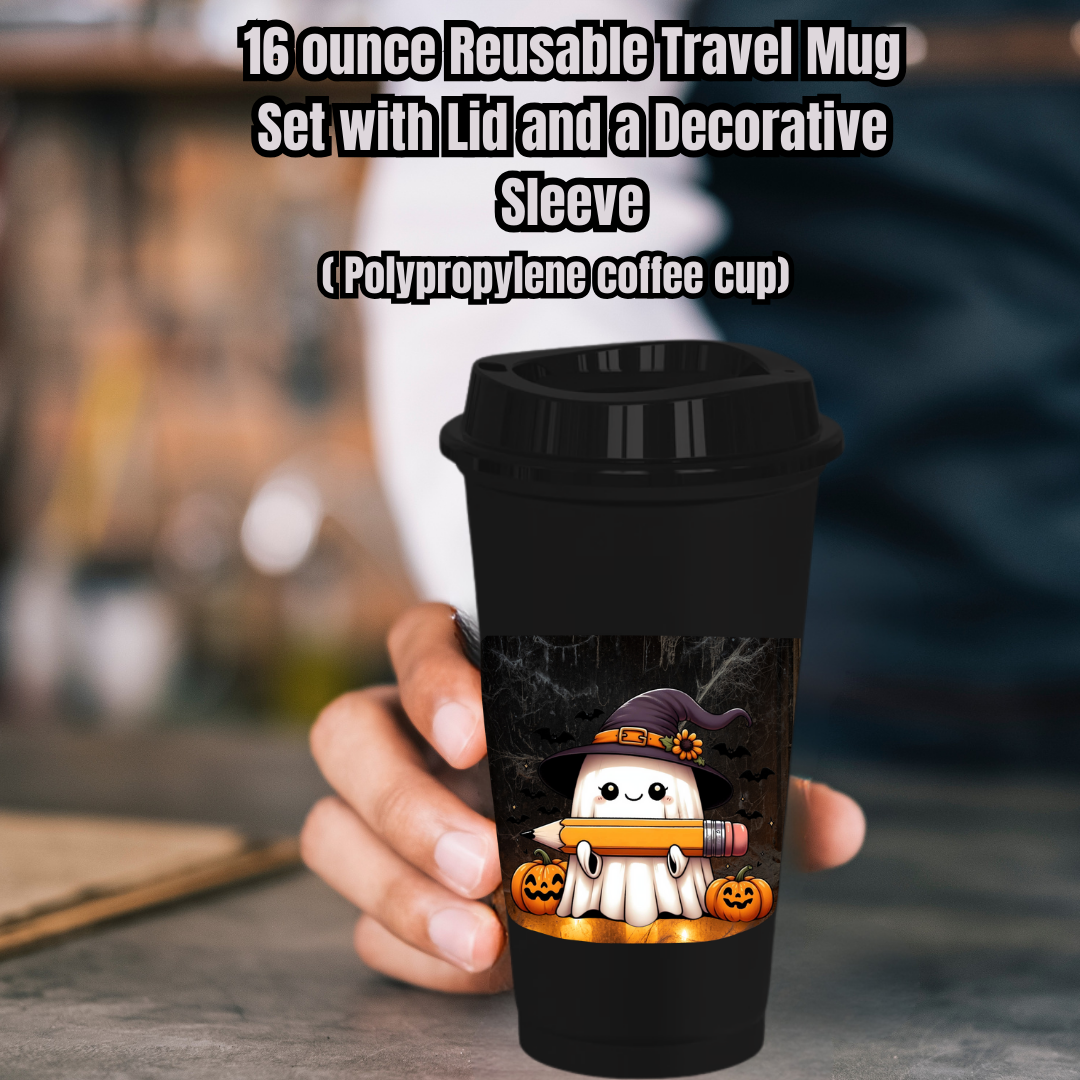 Spooky Scholar Ghost Mug Collection – 16oz Reusable Travel Mugs with Decorative Sleeves