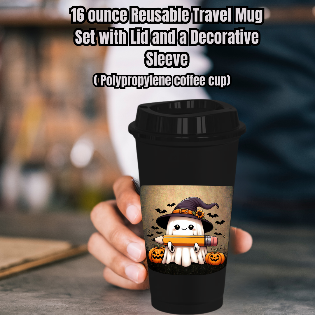 Spooky Scholar Ghost Mug Collection – 16oz Reusable Travel Mugs with Decorative Sleeves
