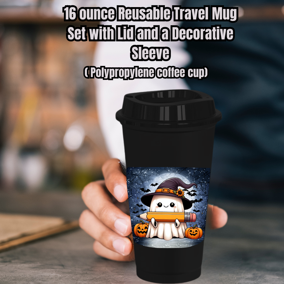 Spooky Scholar Ghost Mug Collection – 16oz Reusable Travel Mugs with Decorative Sleeves