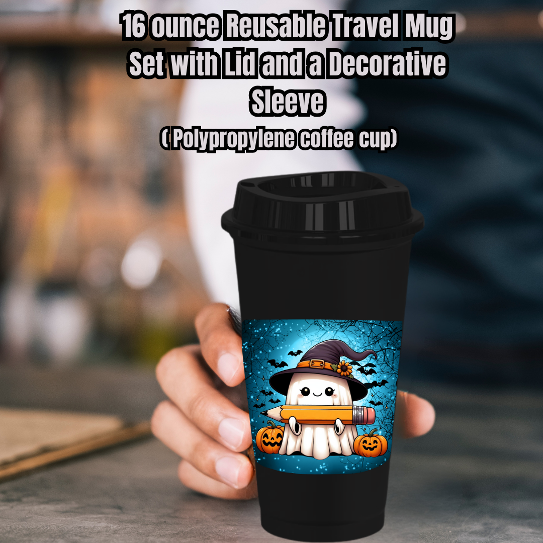 Spooky Scholar Ghost Mug Collection – 16oz Reusable Travel Mugs with Decorative Sleeves