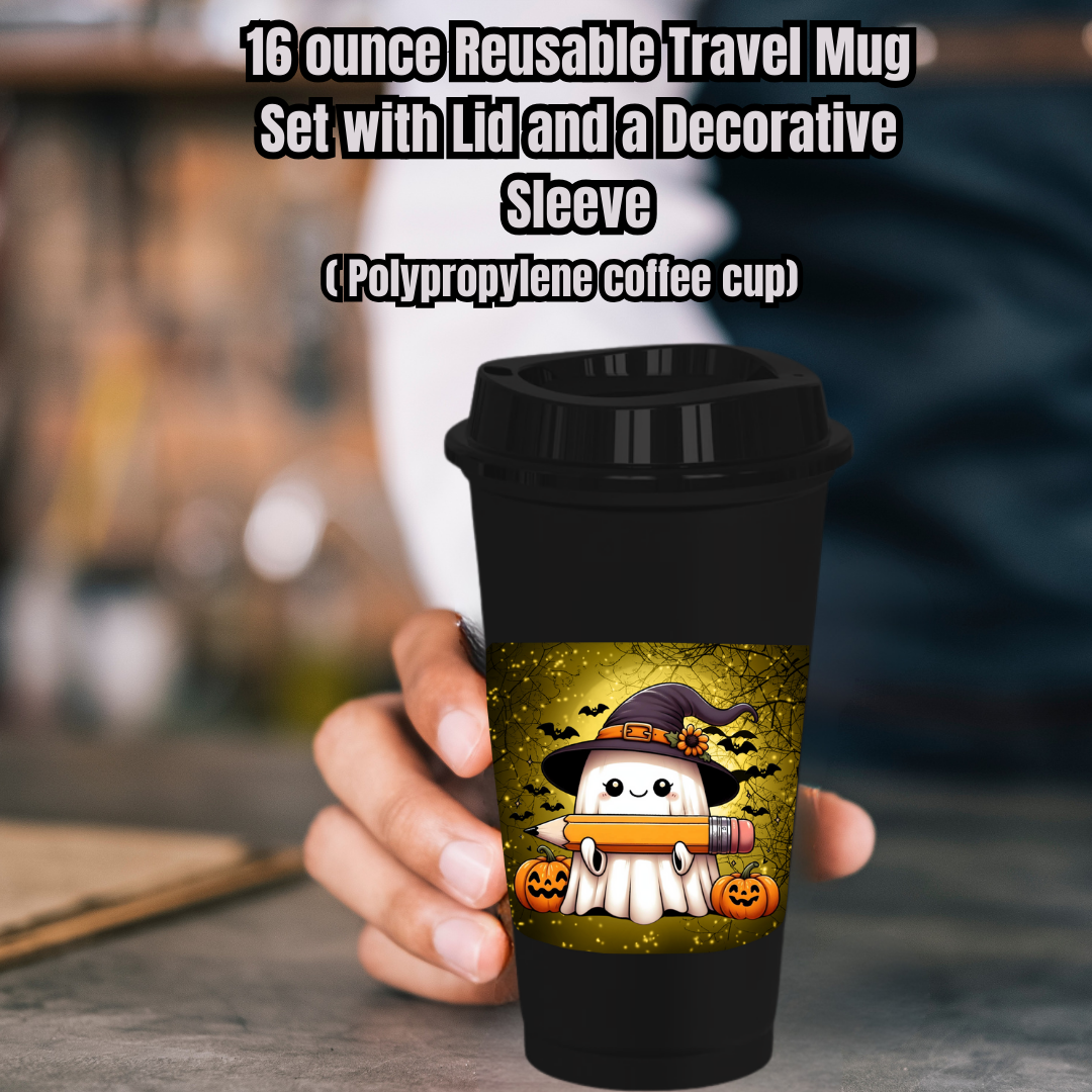 Spooky Scholar Ghost Mug Collection – 16oz Reusable Travel Mugs with Decorative Sleeves