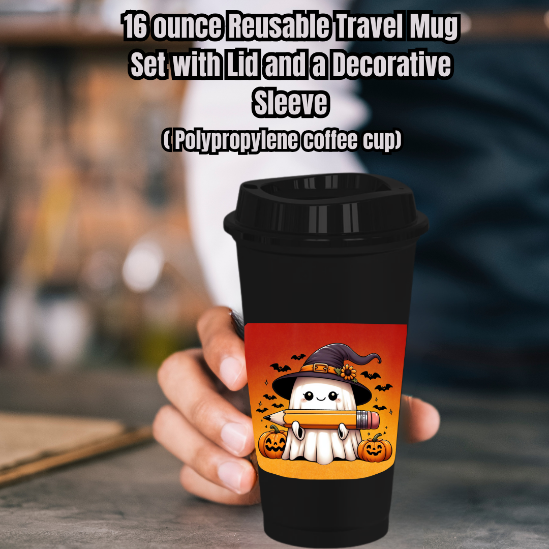Spooky Scholar Ghost Mug Collection – 16oz Reusable Travel Mugs with Decorative Sleeves