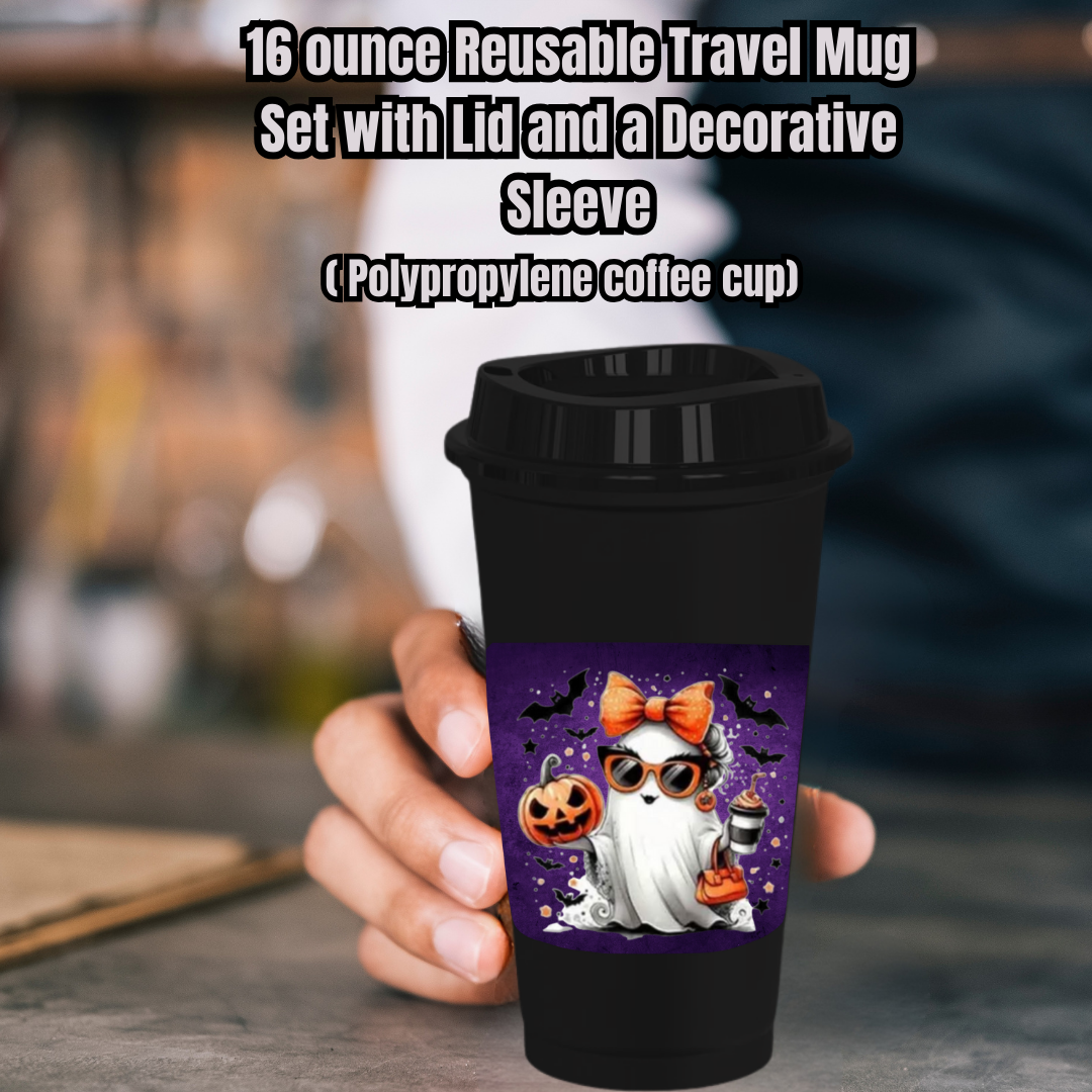 Spooky Chic Ghost Travel Mug Collection – 16oz Reusable Coffee Cups with Decorative Sleeves