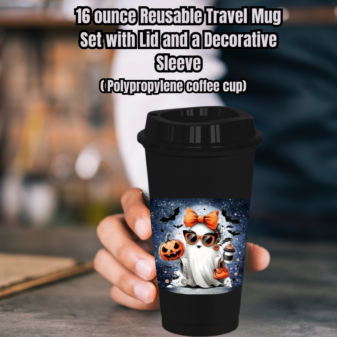 Spooky Chic Ghost Travel Mug Collection – 16oz Reusable Coffee Cups with Decorative Sleeves
