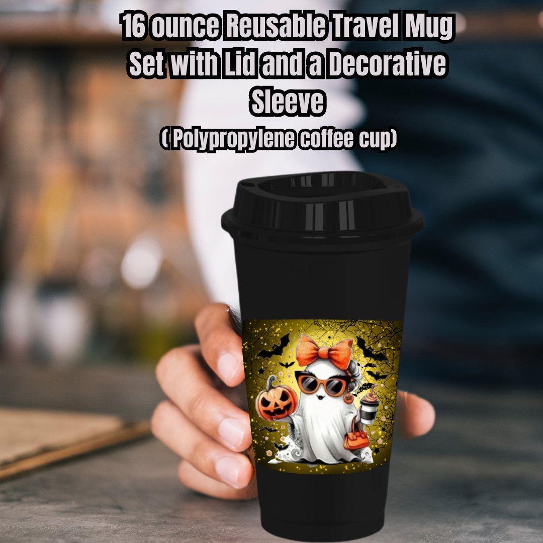 Spooky Chic Ghost Travel Mug Collection – 16oz Reusable Coffee Cups with Decorative Sleeves