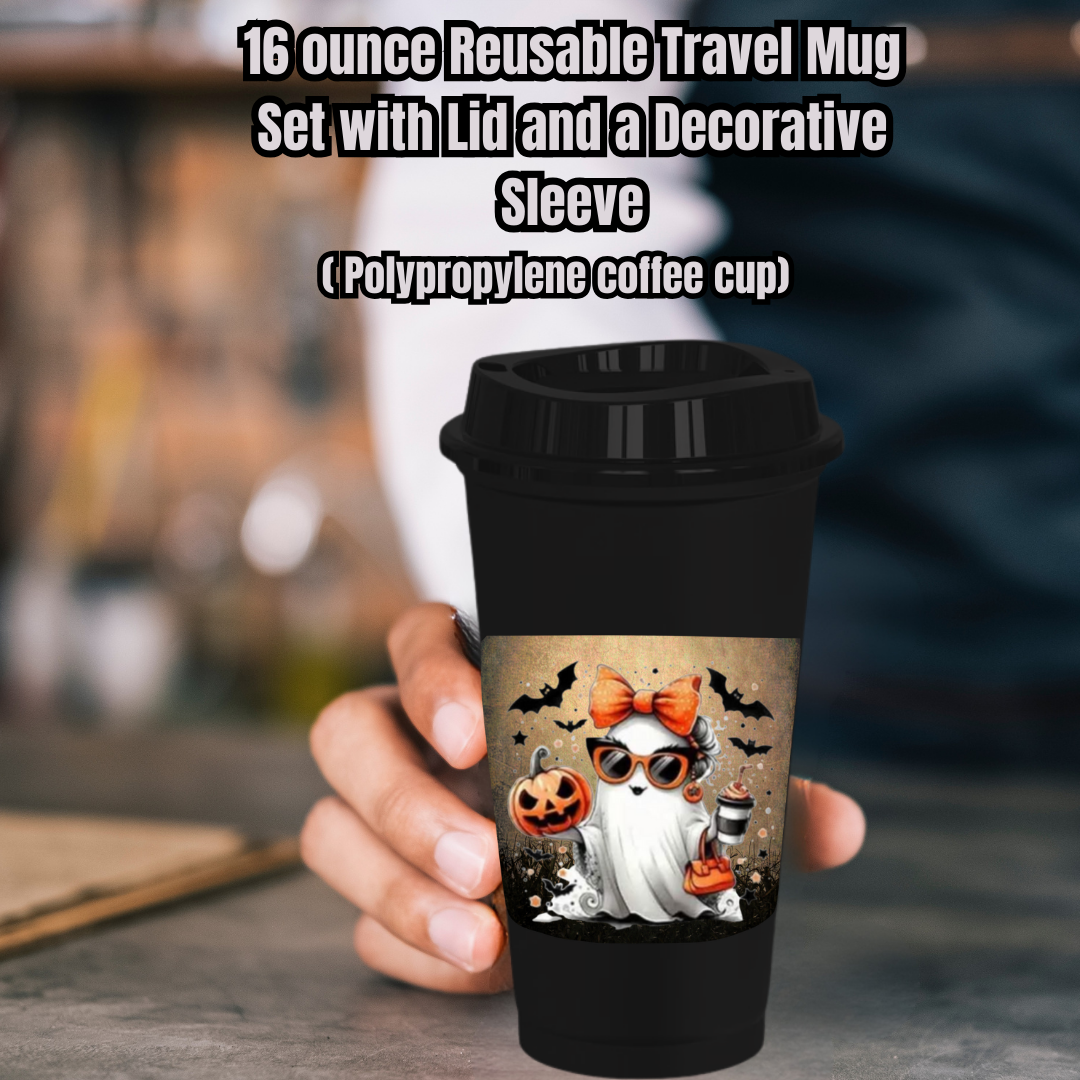Spooky Chic Ghost Travel Mug Collection – 16oz Reusable Coffee Cups with Decorative Sleeves