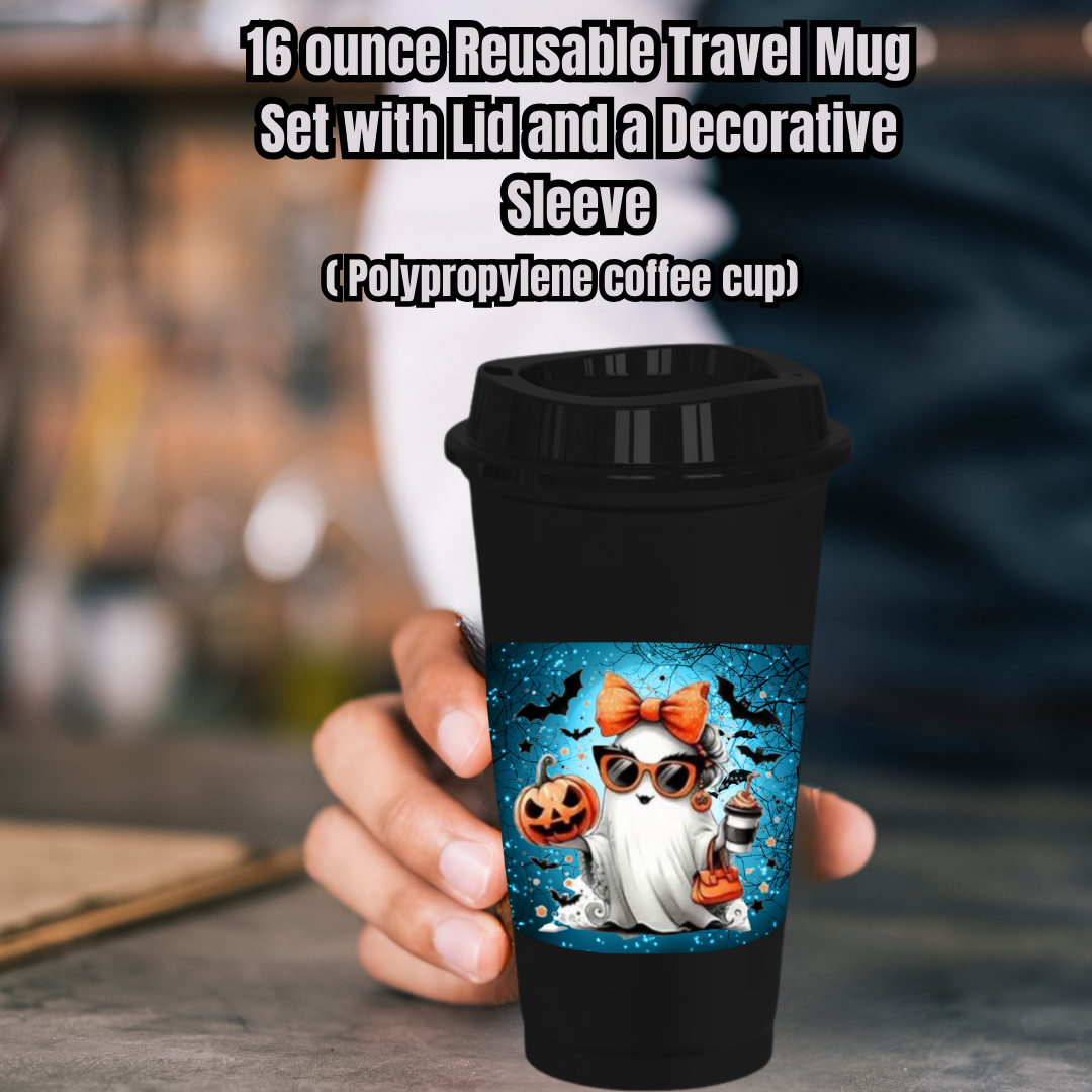 Spooky Chic Ghost Travel Mug Collection – 16oz Reusable Coffee Cups with Decorative Sleeves