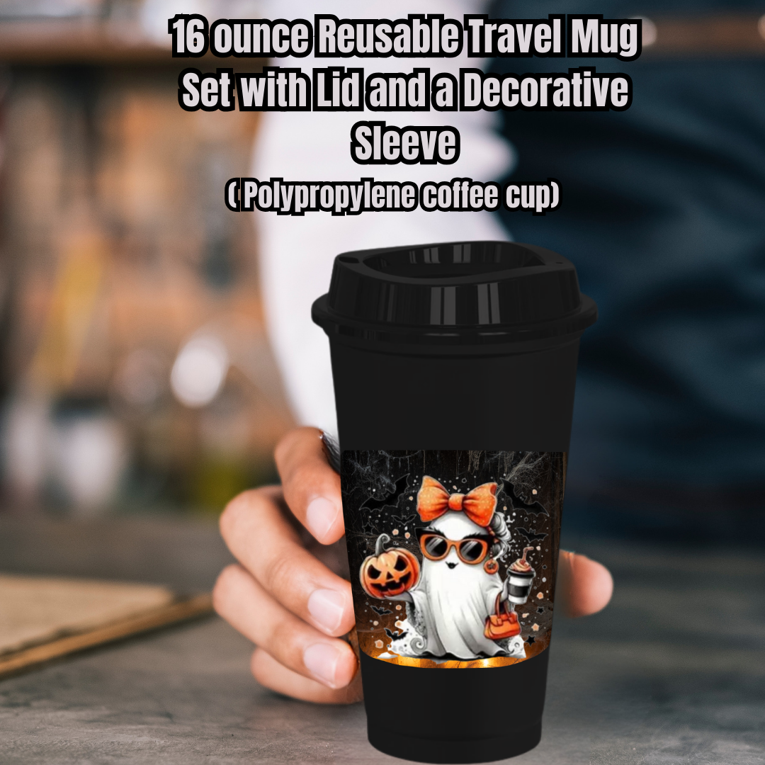 Spooky Chic Ghost Travel Mug Collection – 16oz Reusable Coffee Cups with Decorative Sleeves