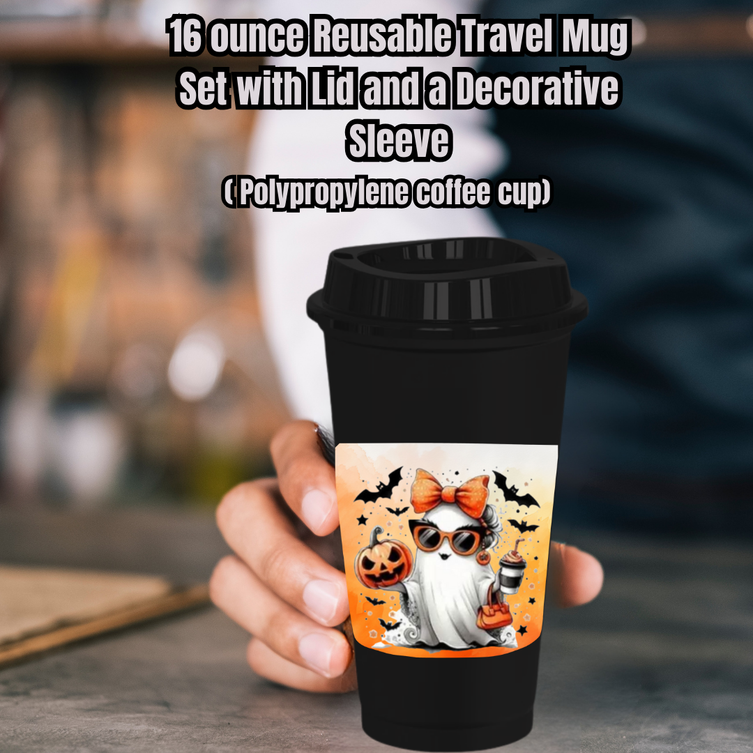 Spooky Chic Ghost Travel Mug Collection – 16oz Reusable Coffee Cups with Decorative Sleeves