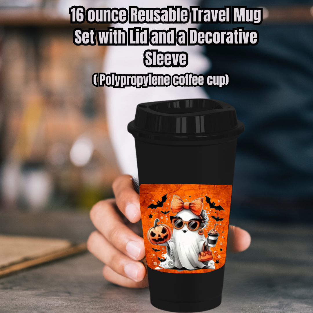 Spooky Chic Ghost Travel Mug Collection – 16oz Reusable Coffee Cups with Decorative Sleeves