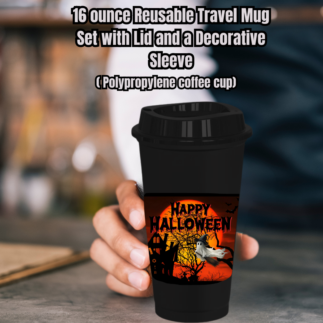 Haunted Brew Halloween Travel Mug Set – 16oz Reusable Cup with Decorative Sleeve (White or Black)