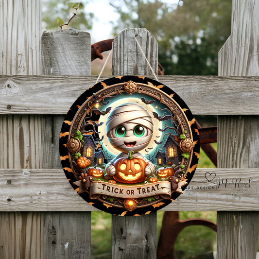 “Trick or Treat Mummy” Halloween Round Door Sign