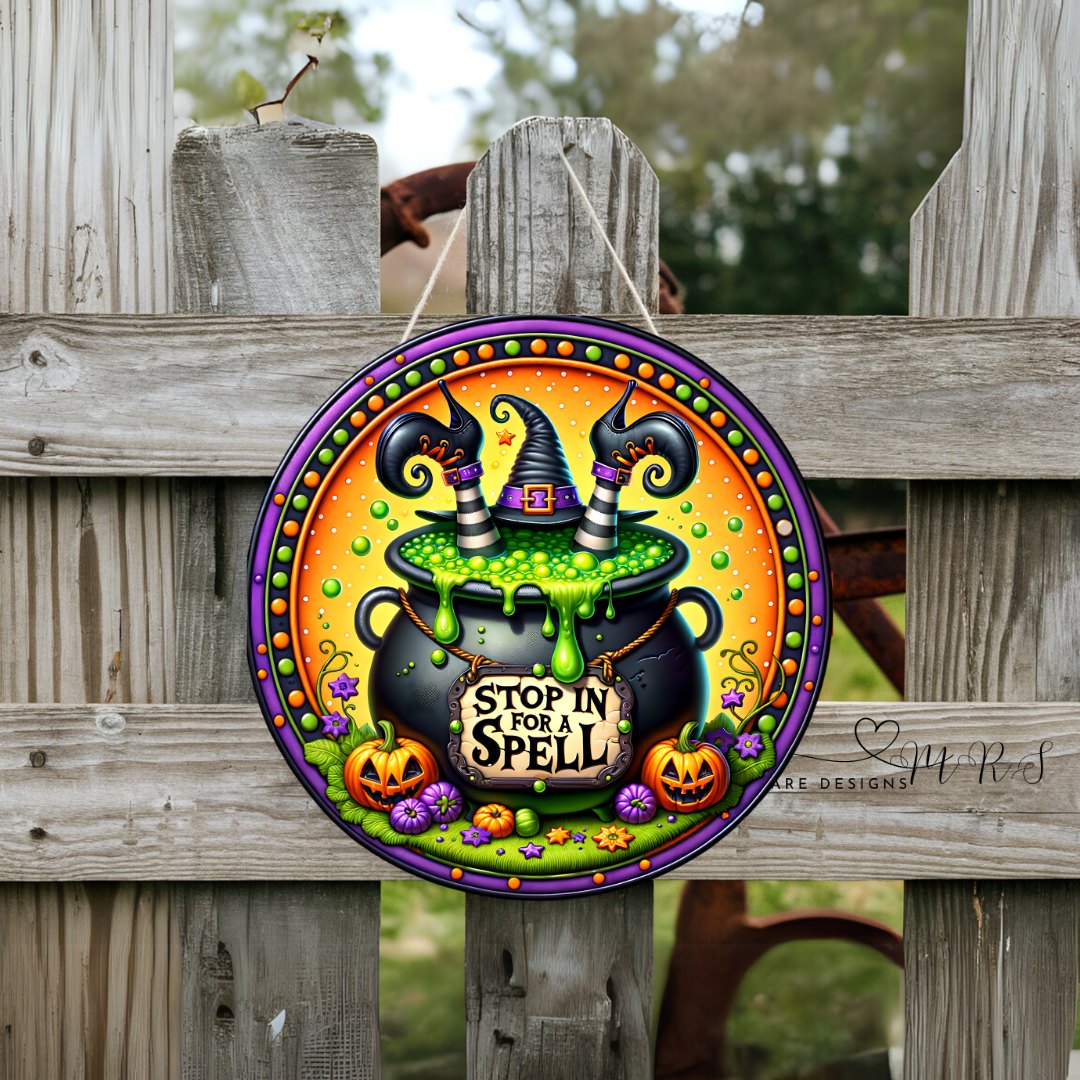 Stop In for a Spell” Halloween Round Door Sign