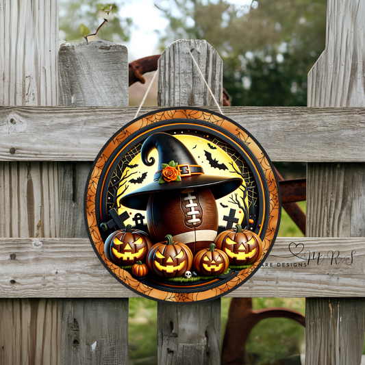 “Touchdowns & Pumpkins” Halloween Football Round Door Sign