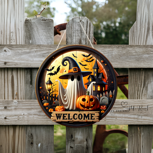 “Haunted Welcome” Ghost & Pumpkin Halloween Round Door Sign