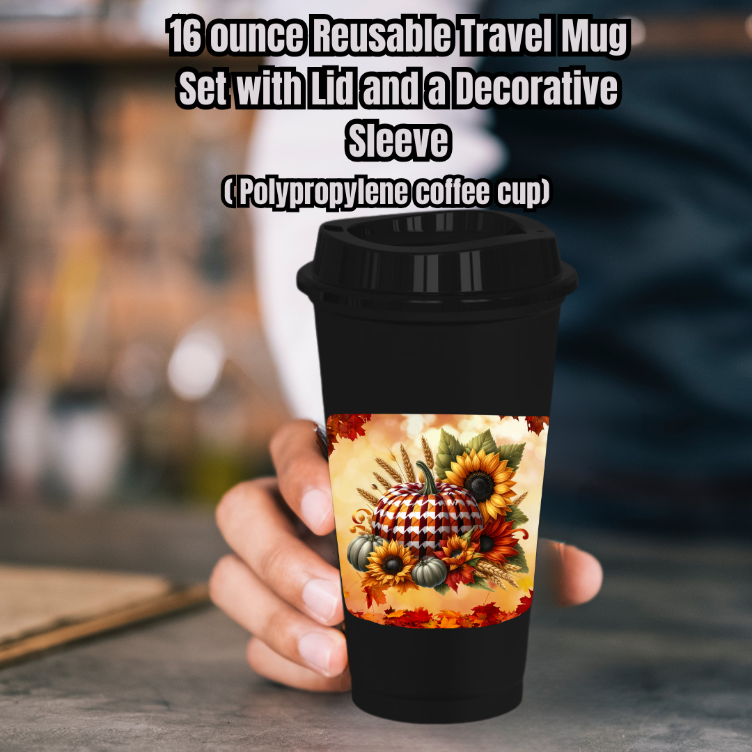 Autumn Pumpkin Patch Travel Mug Set – 16oz Reusable Coffee Cup with Lid & Sleeve