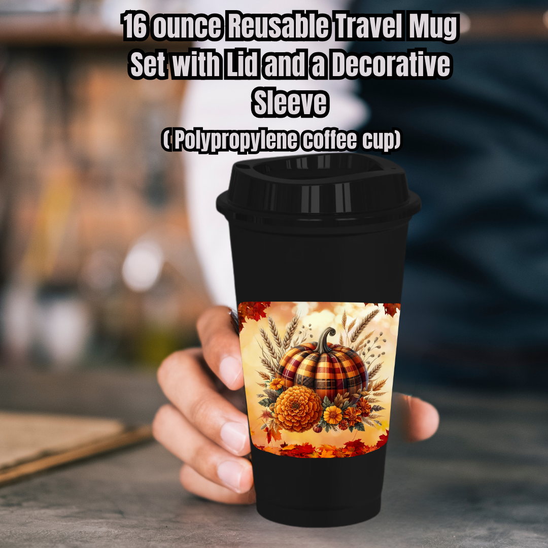 Autumn Pumpkin Patch Travel Mug Set – 16oz Reusable Coffee Cup with Lid & Sleeve