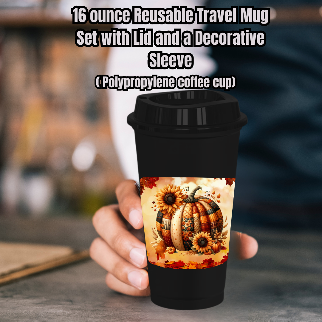 Autumn Pumpkin Patch Travel Mug Set – 16oz Reusable Coffee Cup with Lid & Sleeve