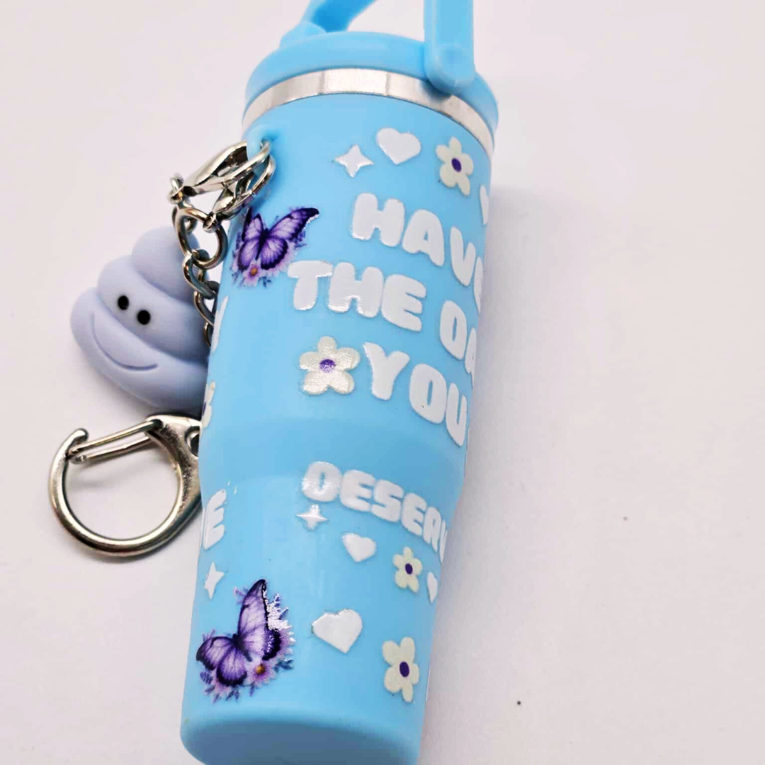 Blue Butterfly Mini Tumbler Keychain with Chapstick Holder & Emotional Support Poo Charm