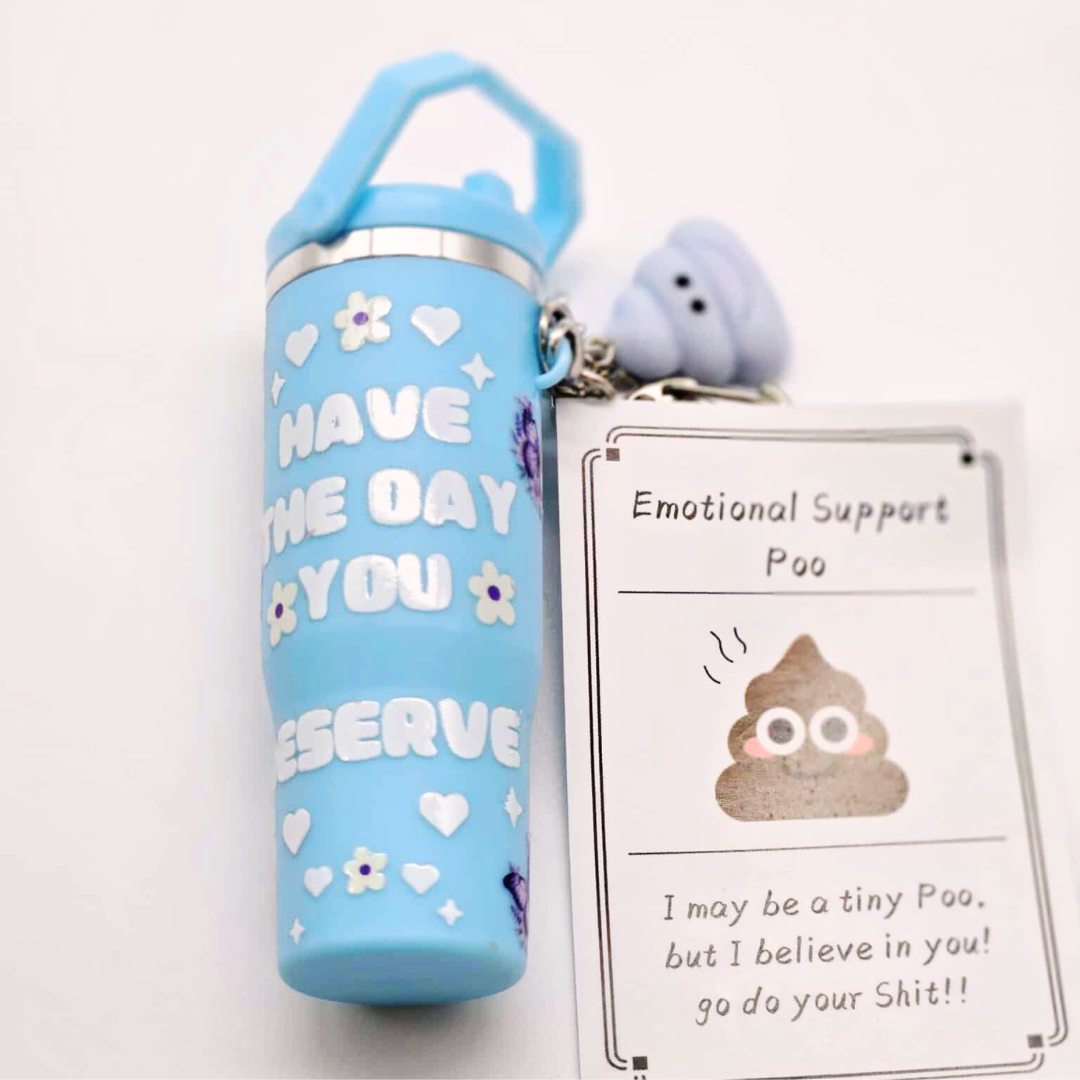 Blue Butterfly Mini Tumbler Keychain with Chapstick Holder & Emotional Support Poo Charm