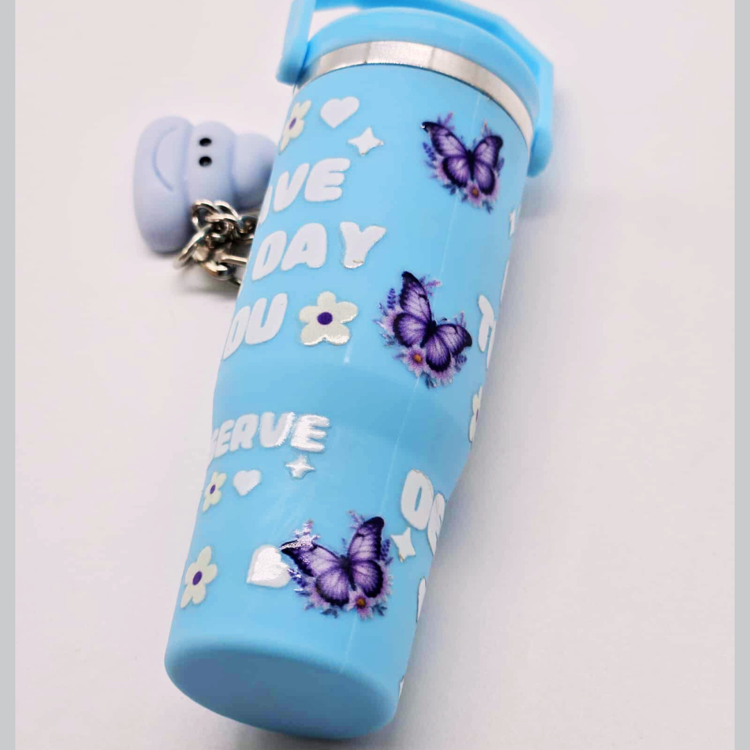 Blue Butterfly Mini Tumbler Keychain with Chapstick Holder & Emotional Support Poo Charm