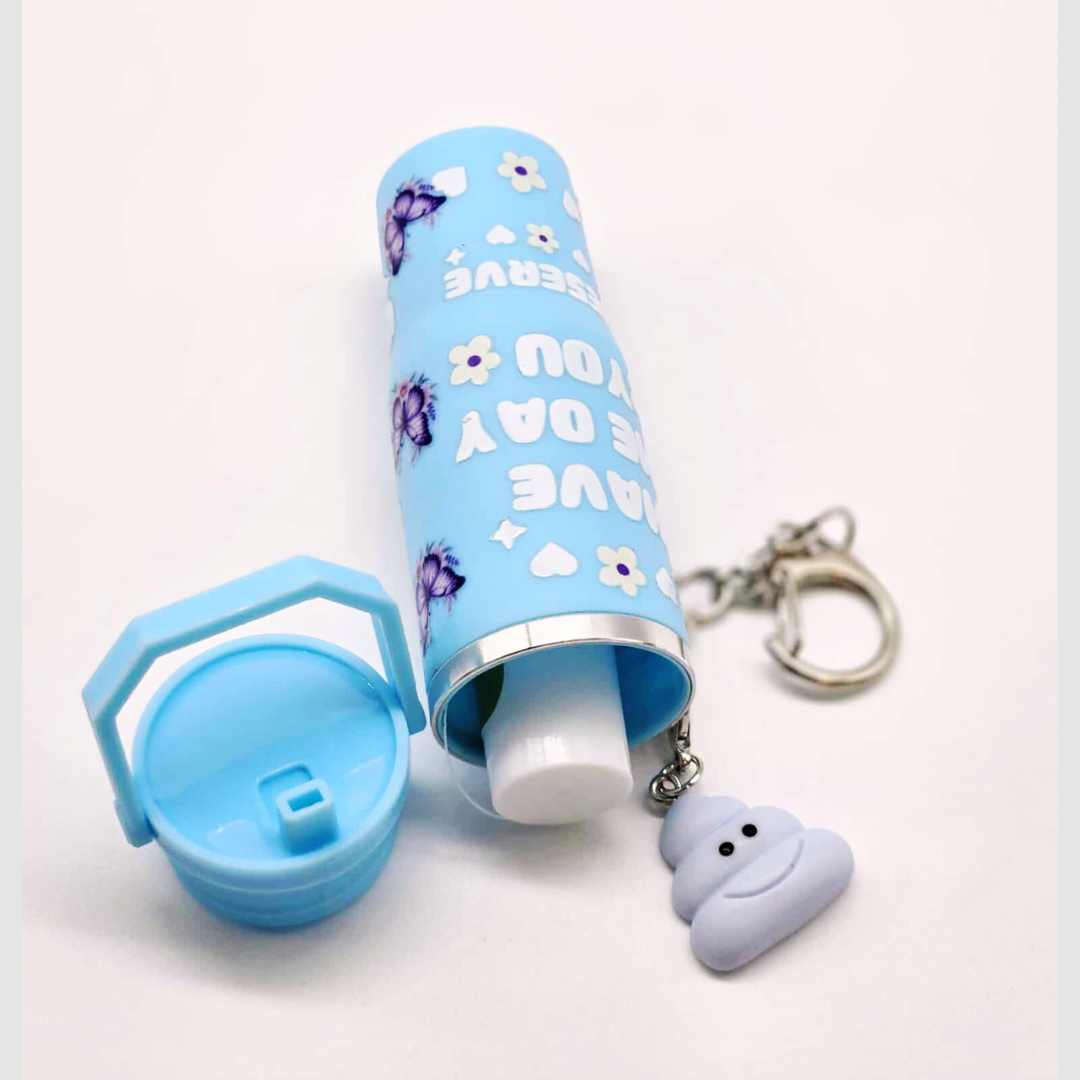 Blue Butterfly Mini Tumbler Keychain with Chapstick Holder & Emotional Support Poo Charm