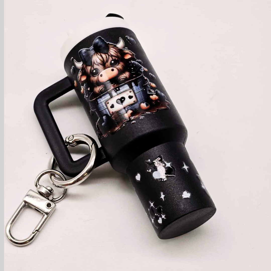 Black Highland Cow Mini Tumbler Keychain with Chapstick Holder – Have the Day You Deserve