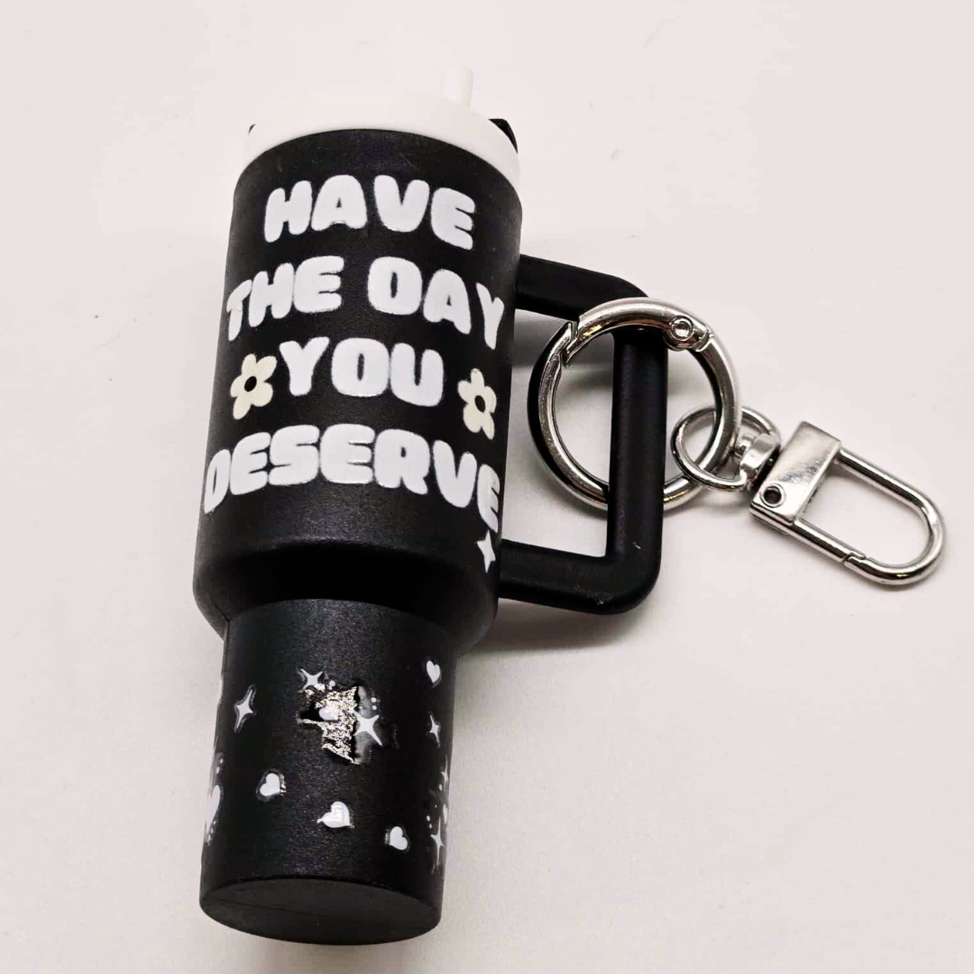 Black Highland Cow Mini Tumbler Keychain with Chapstick Holder – Have the Day You Deserve