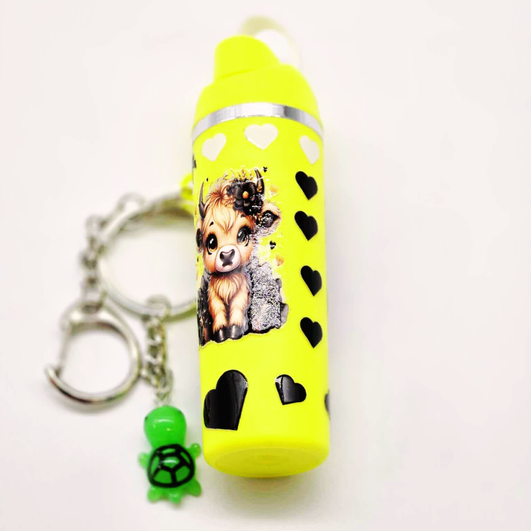 Yellow Highland Cow Mini Tumbler Keychain with Chapstick Holder & Turtle Charm