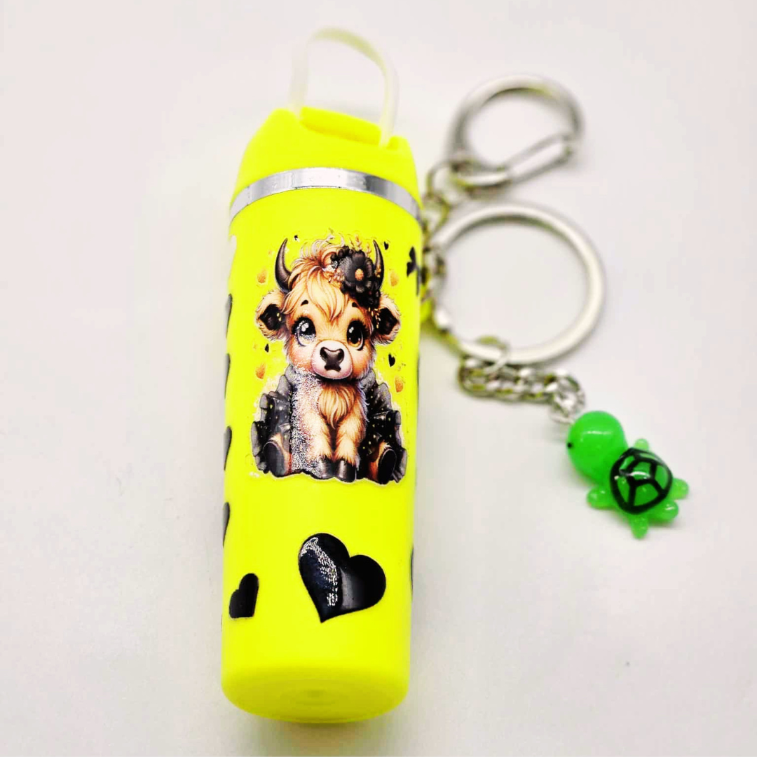 Yellow Highland Cow Mini Tumbler Keychain with Chapstick Holder & Turtle Charm