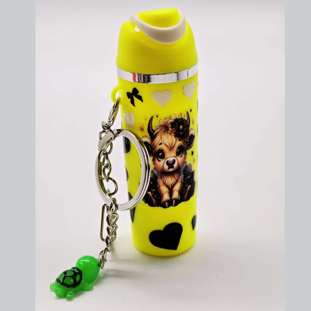 Yellow Highland Cow Mini Tumbler Keychain with Chapstick Holder & Turtle Charm