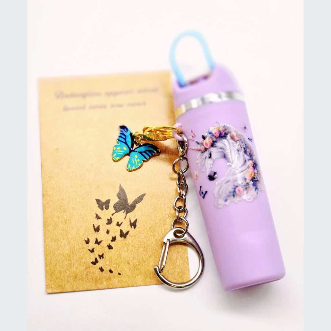 Lavender Unicorn Mini Tumbler Keychain with Chapstick Holder & Butterfly Charm