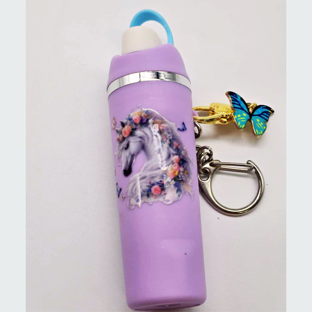 Lavender Unicorn Mini Tumbler Keychain with Chapstick Holder & Butterfly Charm