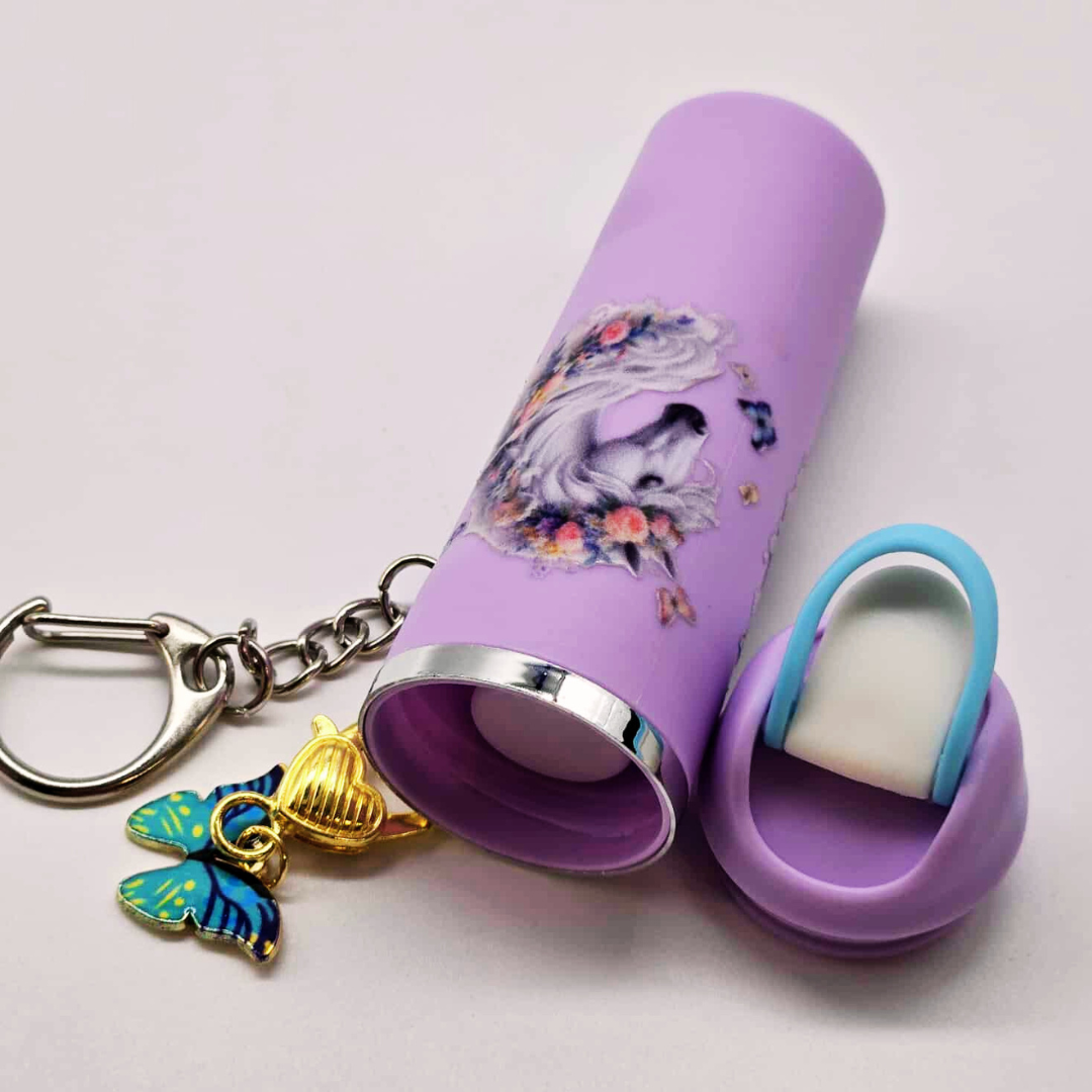 Lavender Unicorn Mini Tumbler Keychain with Chapstick Holder & Butterfly Charm
