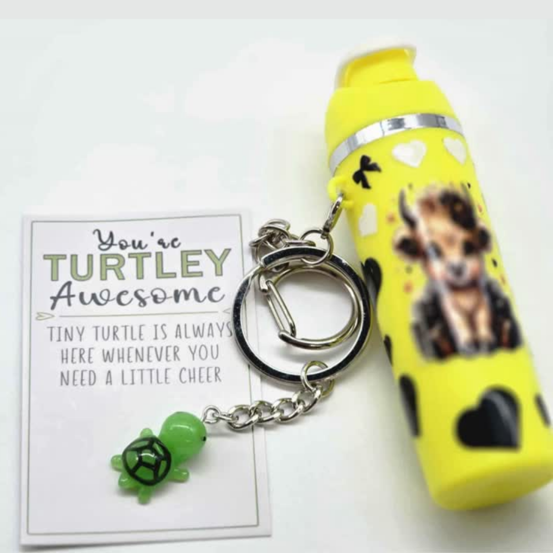 Yellow Highland Cow Mini Tumbler Keychain with Chapstick Holder & Turtle Charm