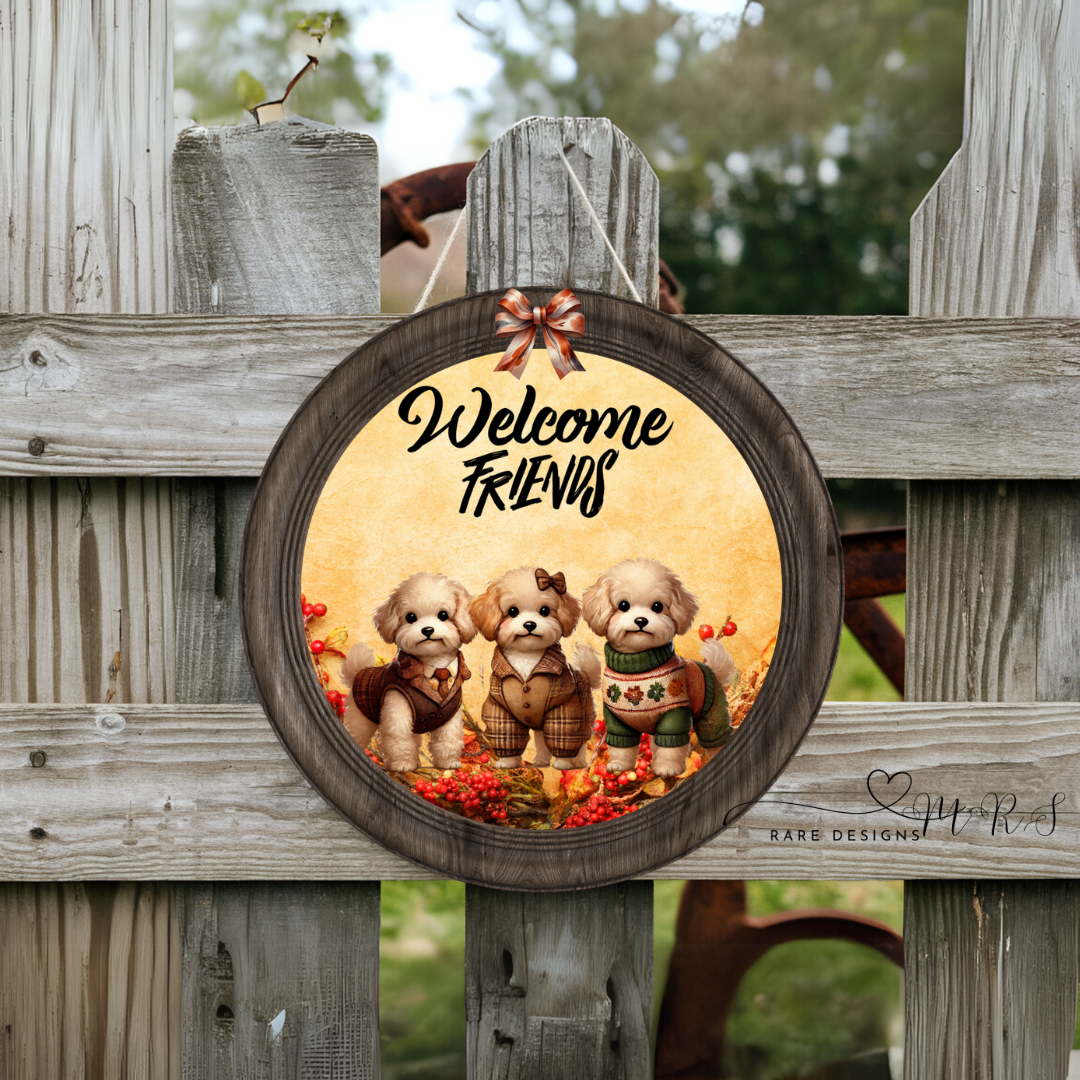 Welcome Friends Fall Dog Collection – Round Door Signs