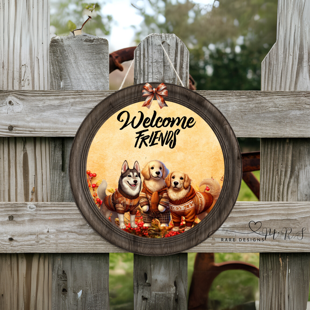 Welcome Friends Fall Dog Collection – Round Door Signs