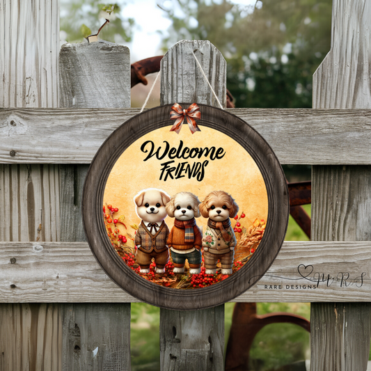 Welcome Friends Fall Dog Collection – Round Door Signs