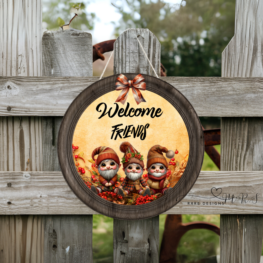 10” Round Autumn Gnome Welcome Friends Wood Sign – Rustic Fall Décor