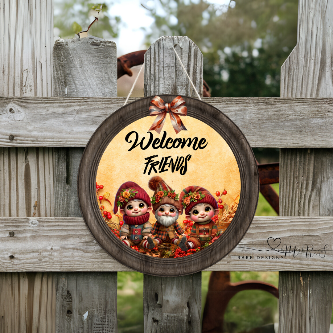 10” Round Autumn Gnome Welcome Friends Wood Sign – Rustic Fall Décor
