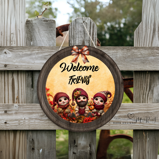 10” Round Autumn Gnome Welcome Friends Wood Sign – Rustic Fall Décor