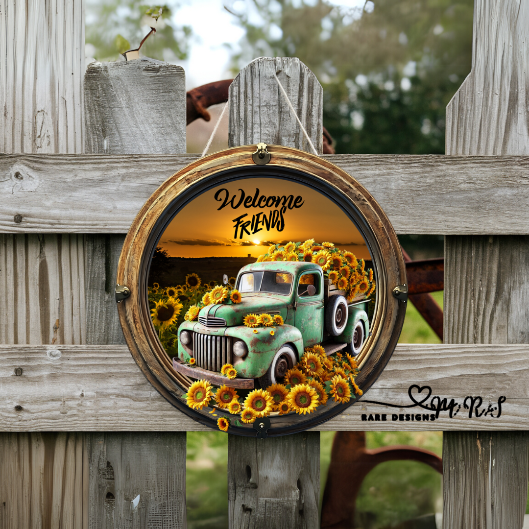 Welcome Friends Sunflower Truck Round Door Signs – Farmhouse Wall & Porch Décor