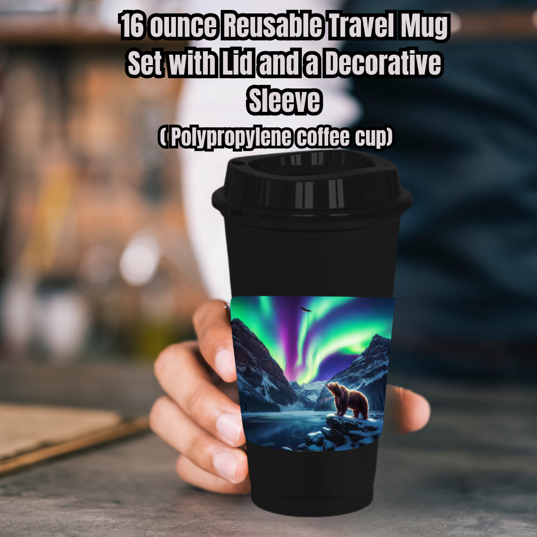 Aurora Ridge Bear 16oz Reusable Travel Mug Set (White or Black) — Cup, Lid + Decorative Sleeve