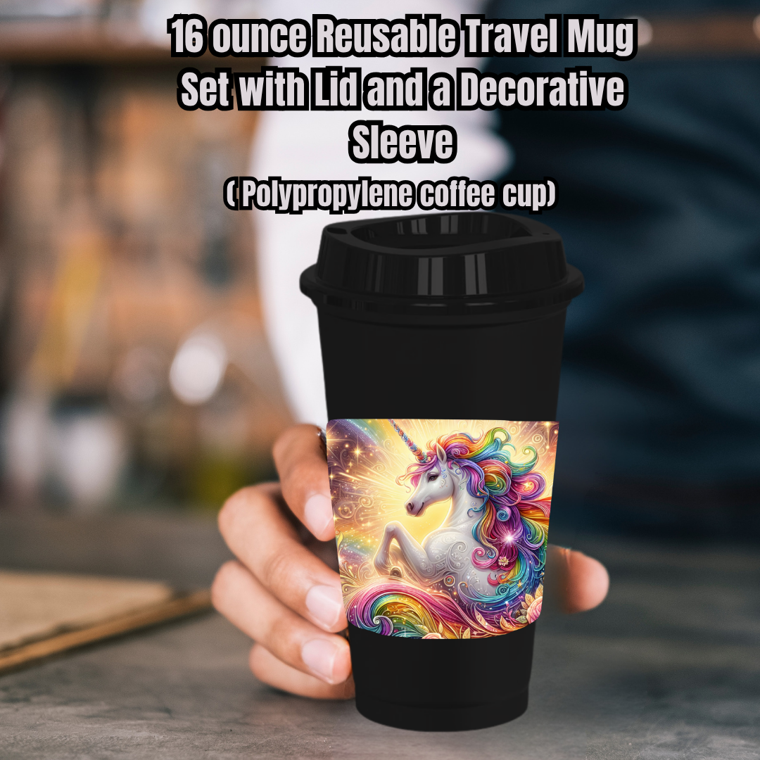 Starlight Unicorn 16oz Reusable Travel Mug Set (White or Black) — Cup, Lid + Decorative Sleeve