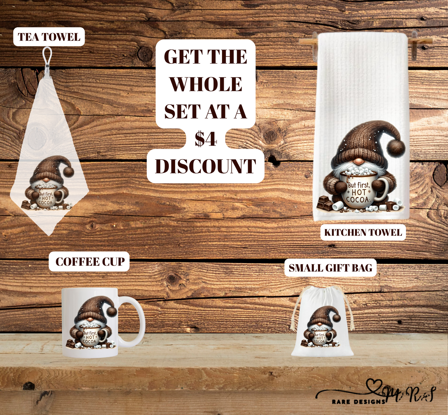 Cozy Cocoa Gnome Matching Gift Set — Mug + Kitchen Towel + Tea Towel + 4×6 Gift Bag (Save $4 on the whole set!)