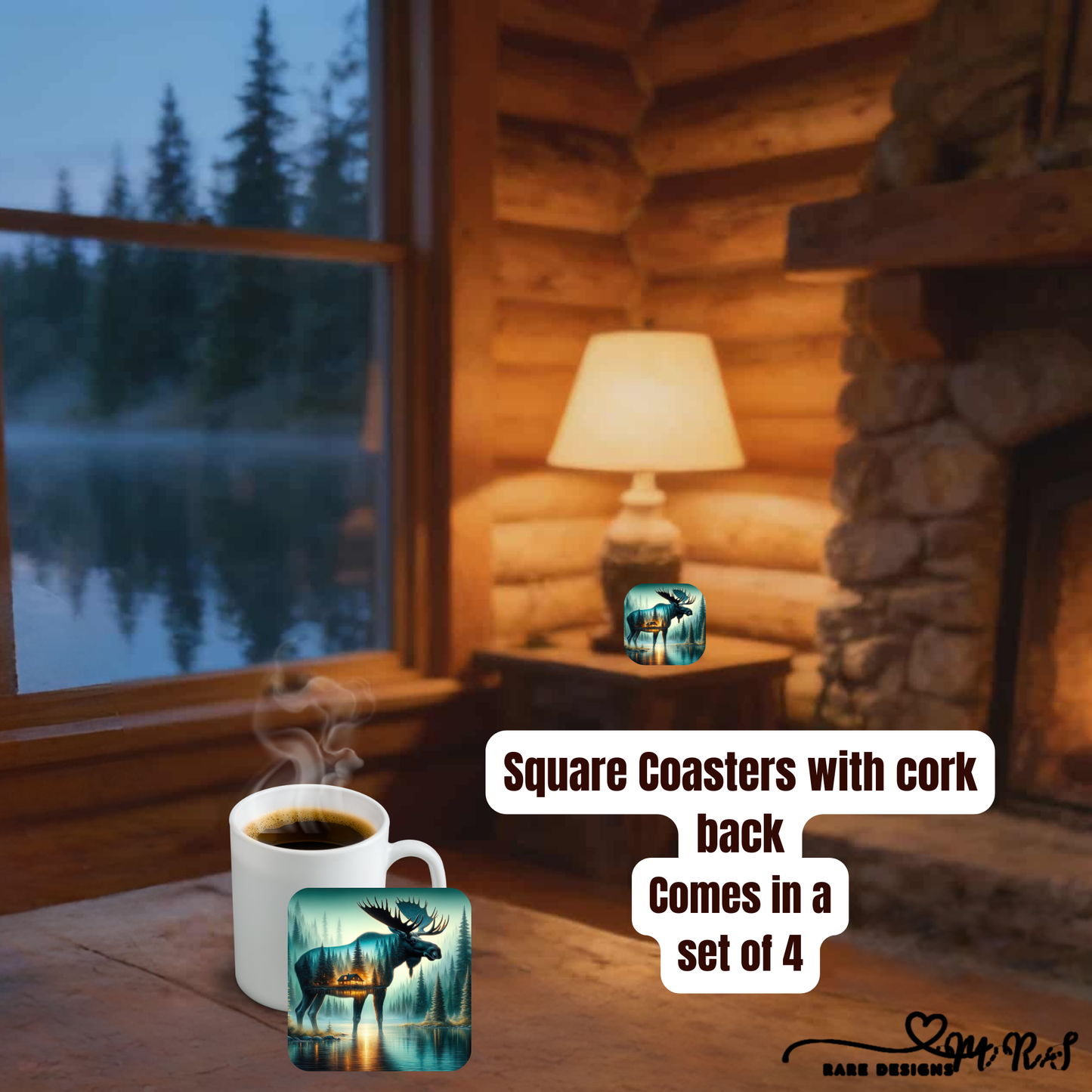 Rustic Moose Cabin Square Coasters – Set of 4 with Cork Back