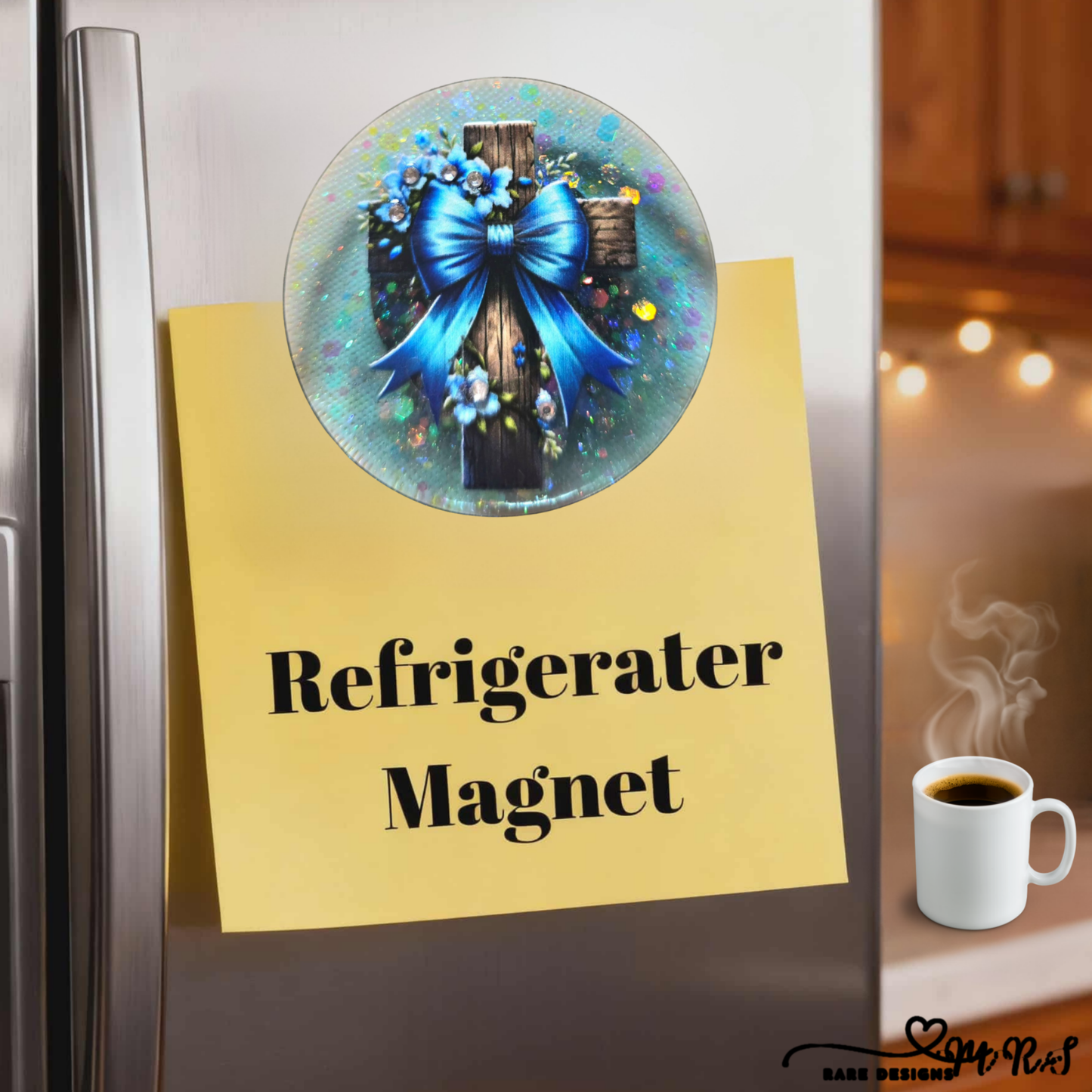 Blue Floral Cross Refrigerator Magnet – Faith-Inspired Rustic Home Décor