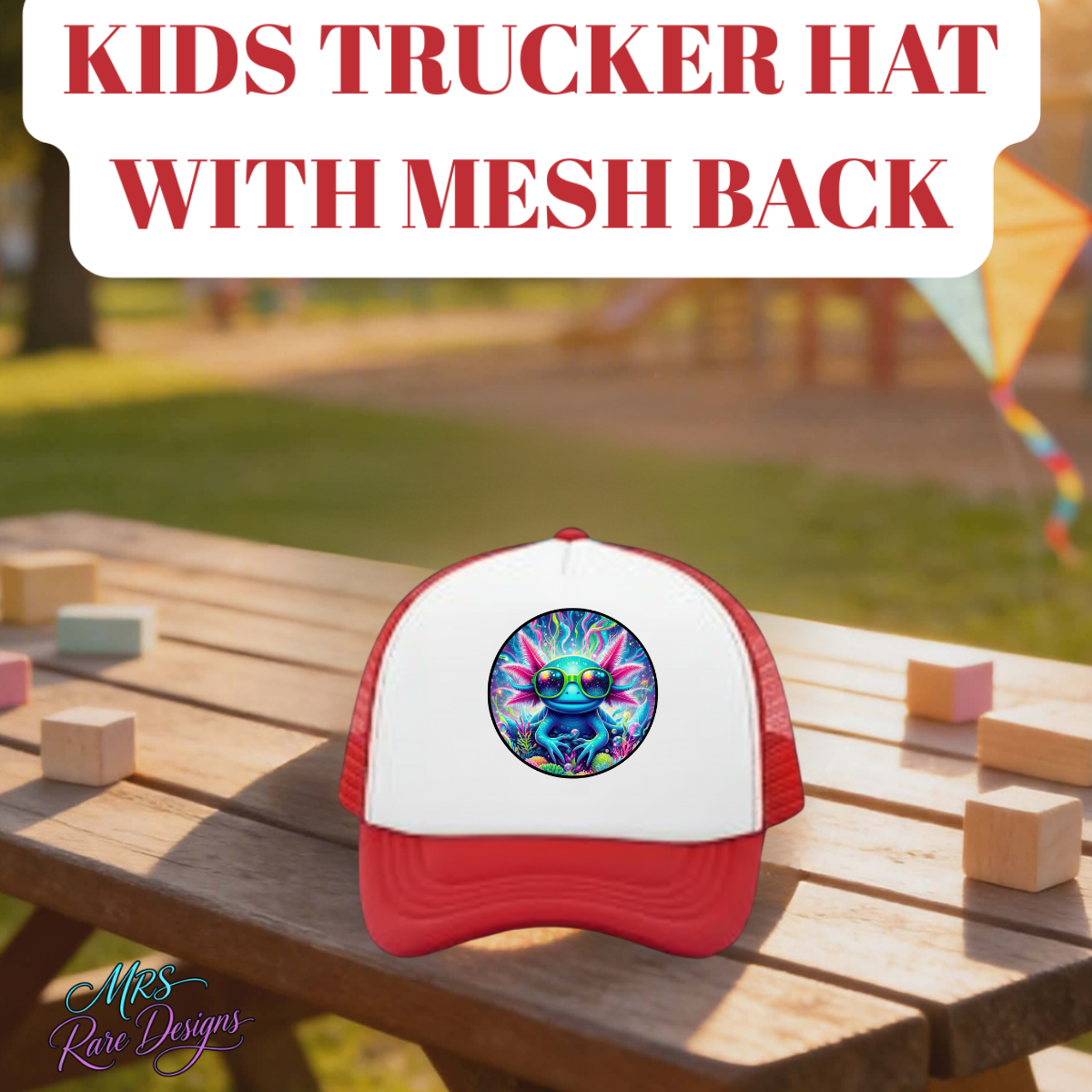 Kids axolotl trucker hat with mesh back. Breathable, adjustable, and colorful cap perfect for outdoor play and everyday wear.