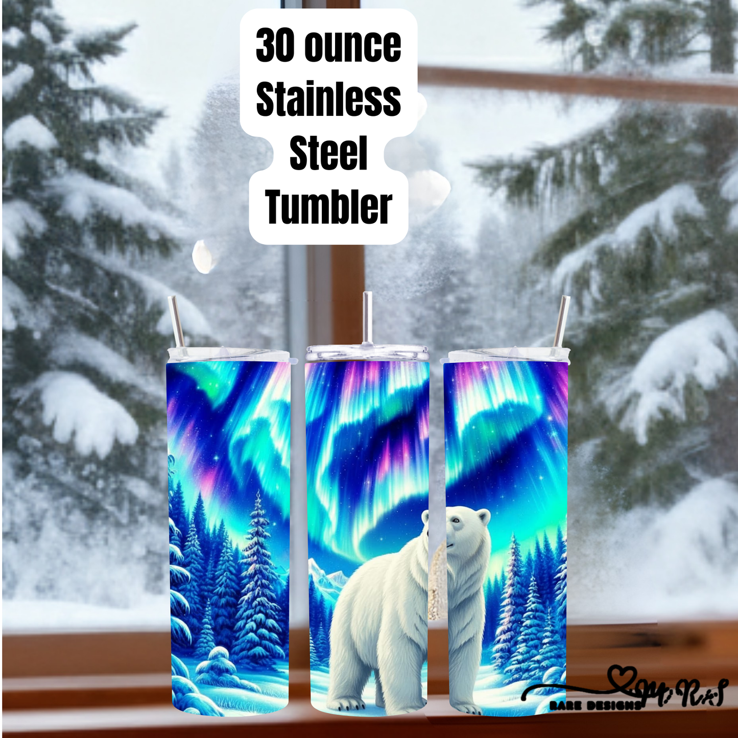 Northern Lights Polar Bear 30oz Stainless Steel Tumbler with Straw